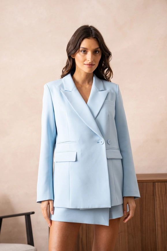 Signature Asymmetric Mid-Length Double-Breasted Plain Jacket Sky Blue-Jacket-Attentif Paris-Urbanheer