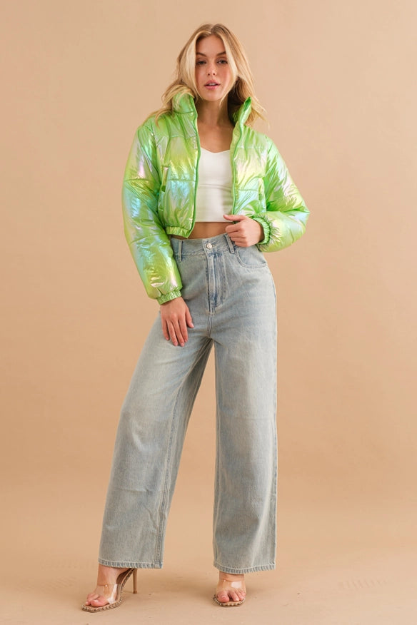 Windbreaker Metallic Puffer Crop Zip Up Jacket Lime-Jacket-Blue B-Urbanheer