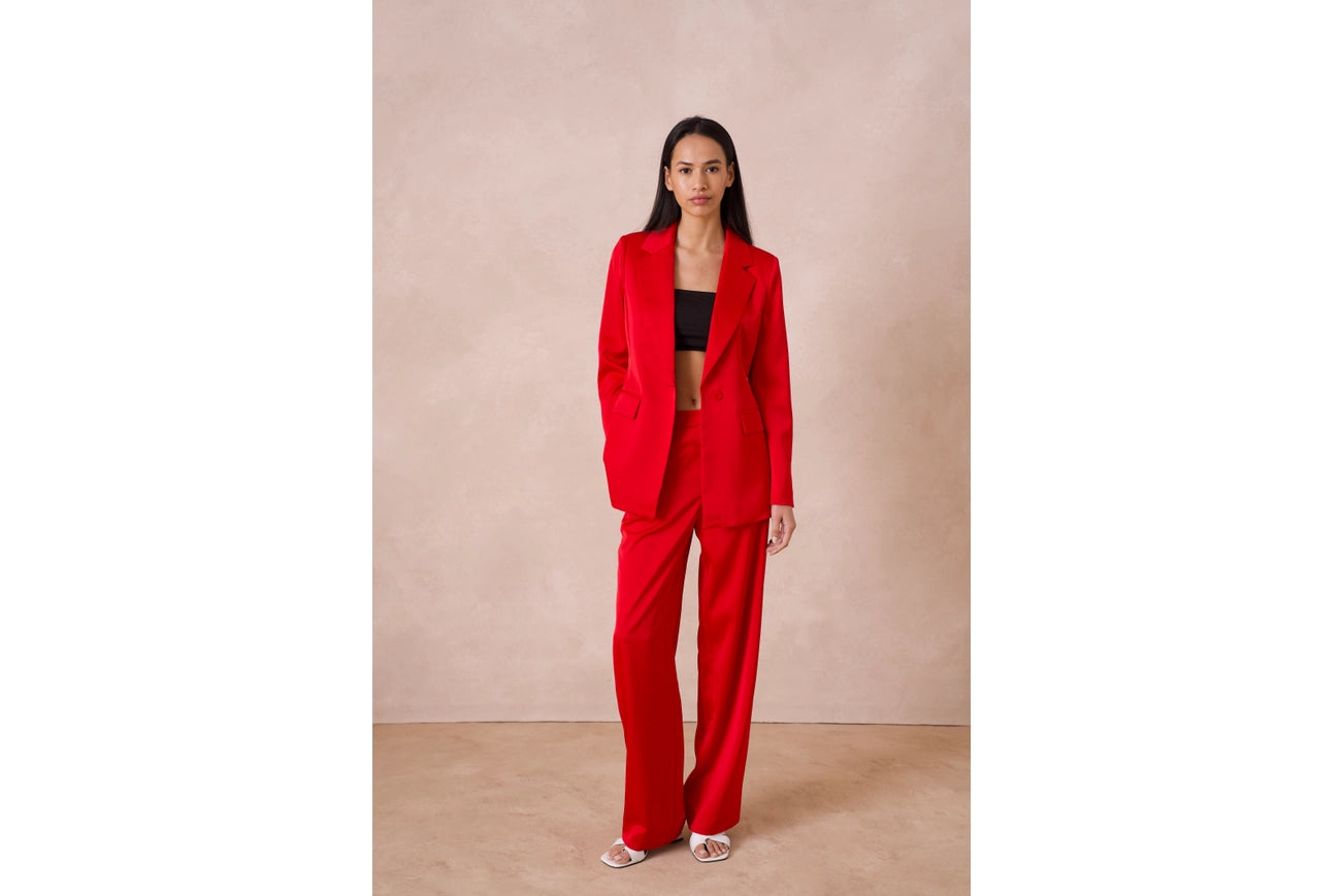 Satin Straight Cut Pants Red-Pants-Attentif Paris-Urbanheer