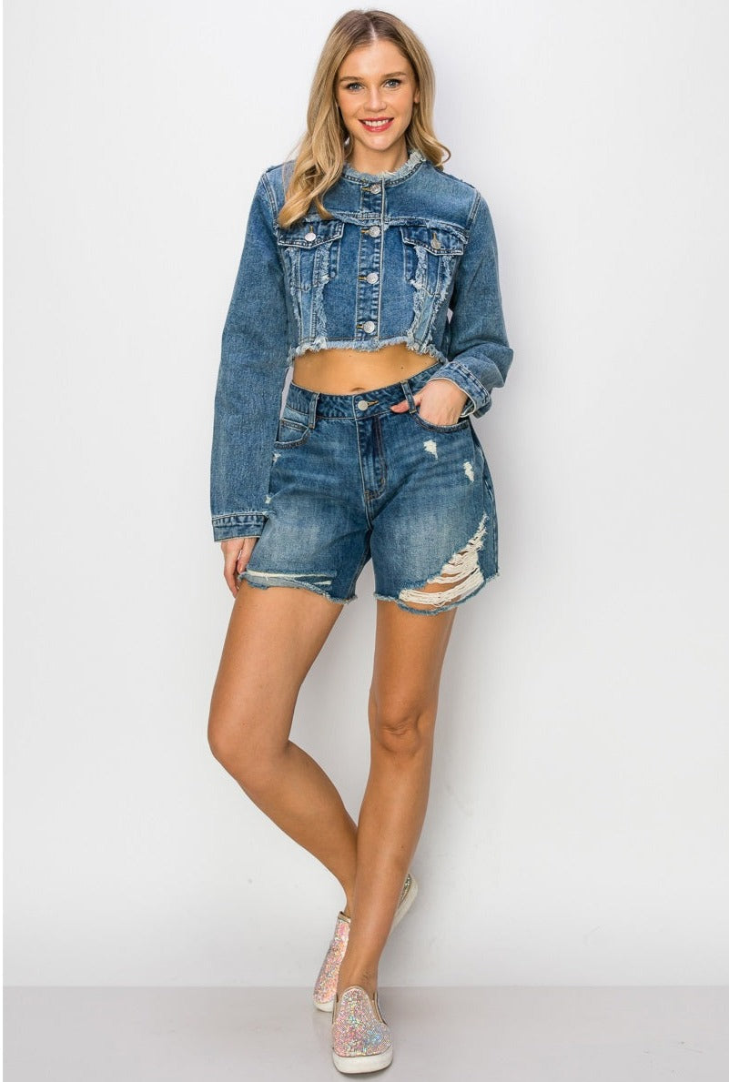 Distressed Frayed Cropped Denim Jacket-Clothing Women Jackets-Vocal-Urbanheer