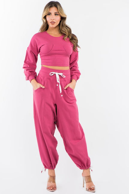 High Waisted Baggy French Terry Pants Magenta-Pants-LABIJOU-Urbanheer