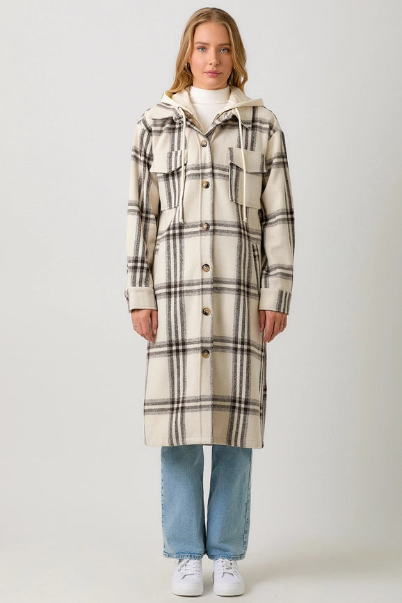 Twofer Hoodie Plaid Long Jacket Cream