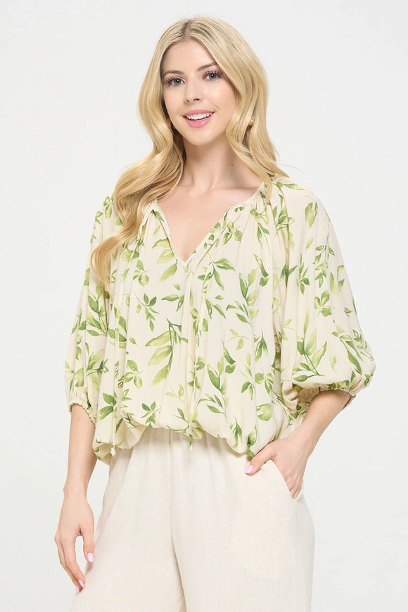 Floral Print V Neck 3/4 Sleeve with Tie-TOP-Renee C.-Urbanheer