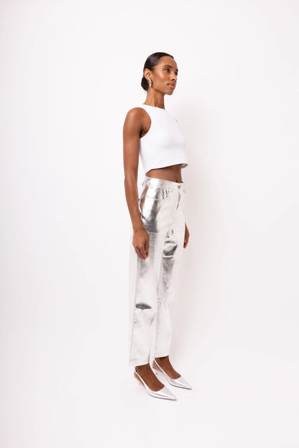 Lupe Straight Faux Leather Metallic Pants SILVER-Pants-Amy Lynn-Urbanheer