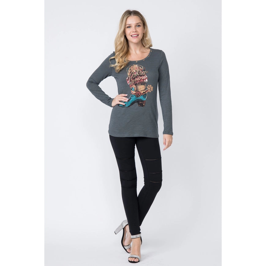 Western Style Long Sleeve Top with Eyelet Trim Grey-Top-Vocal-Urbanheer