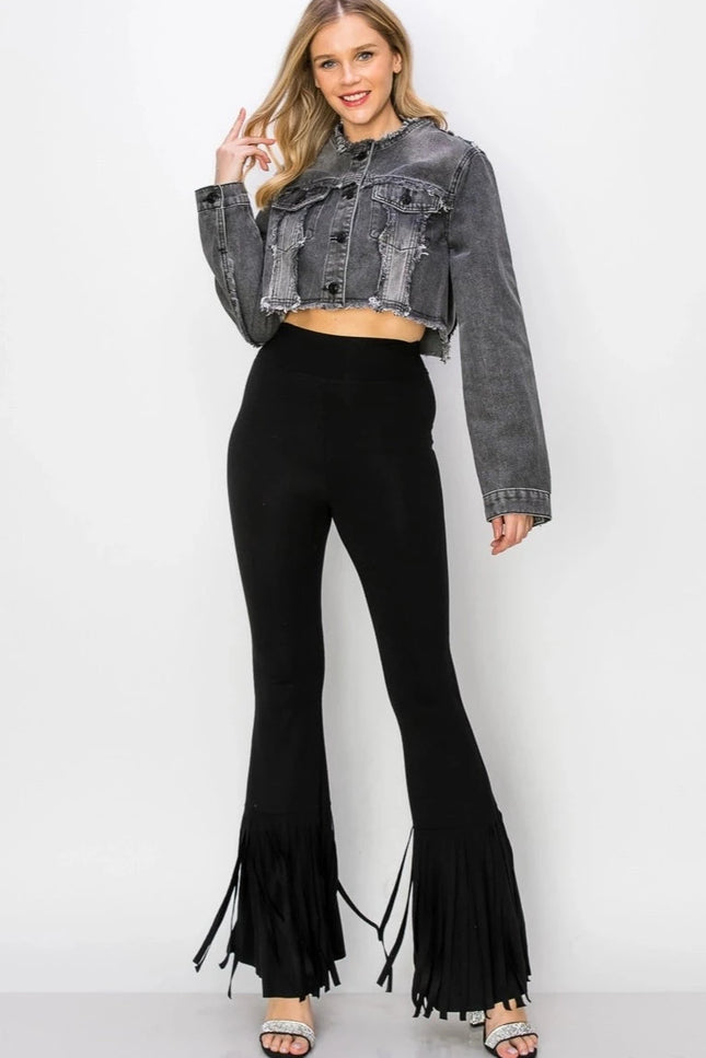 Distressed Frayed Cropped Denim Jacket - Black-Clothing Women Jackets-Vocal-Urbanheer