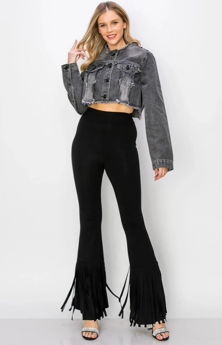 Distressed Frayed Cropped Denim Jacket - Black-Clothing Women Jackets-Vocal-Urbanheer