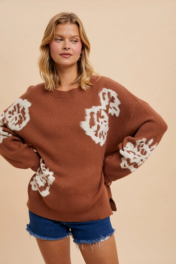 Intarsia Floral Knitted Sweater CAMEL