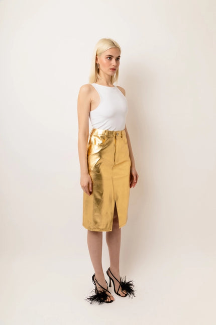 Lupe High Waist Metallic Knee Length Skirt Gold-Skirts-Amy Lynn-Urbanheer