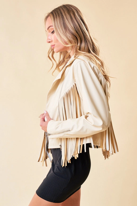 Cream Faux Leather Fringe Jacket with Gold Stars-Jacket-Saints & Hearts-Urbanheer