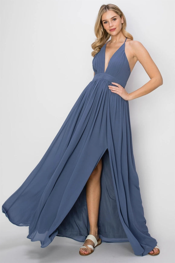 SLEEVELESS Double Strap Slit Maxi Dress MIDNIGHT BLUE-Dress-HYFVE-Urbanheer