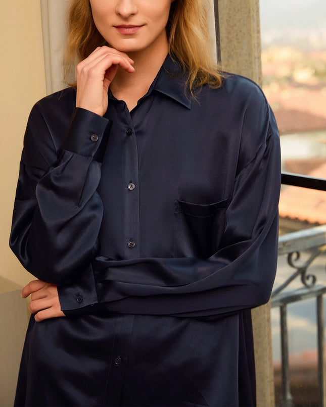 Classic Silk Nightshirt Navy Blue-Nightshirt-MommeSilk-Urbanheer