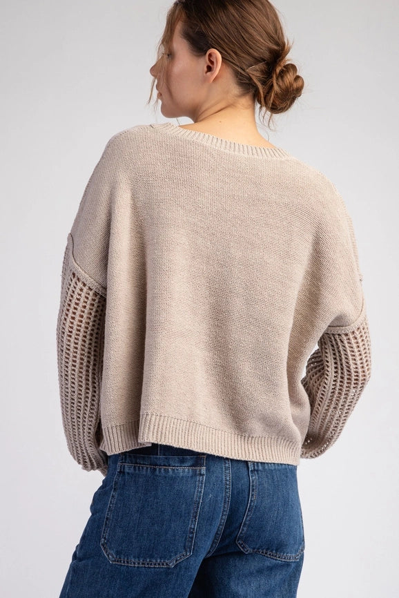 Open Knit Long Sleeve Sweater Top OATMEAL