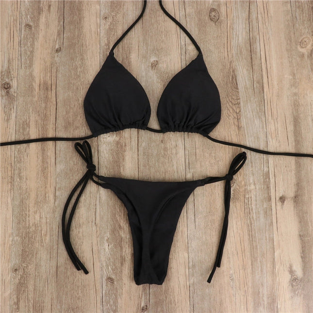 2-Piece Solid Color Bikini Swimsuit Black