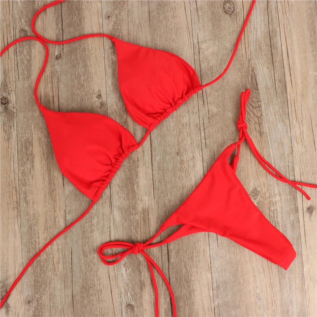 2-Piece Solid Color Bikini Swimsuit Red