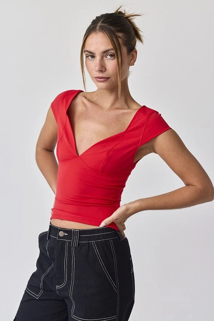 Alina Slim Fit V-Neck Top Red-TOP-Papermoon-Red-S-Urbanheer