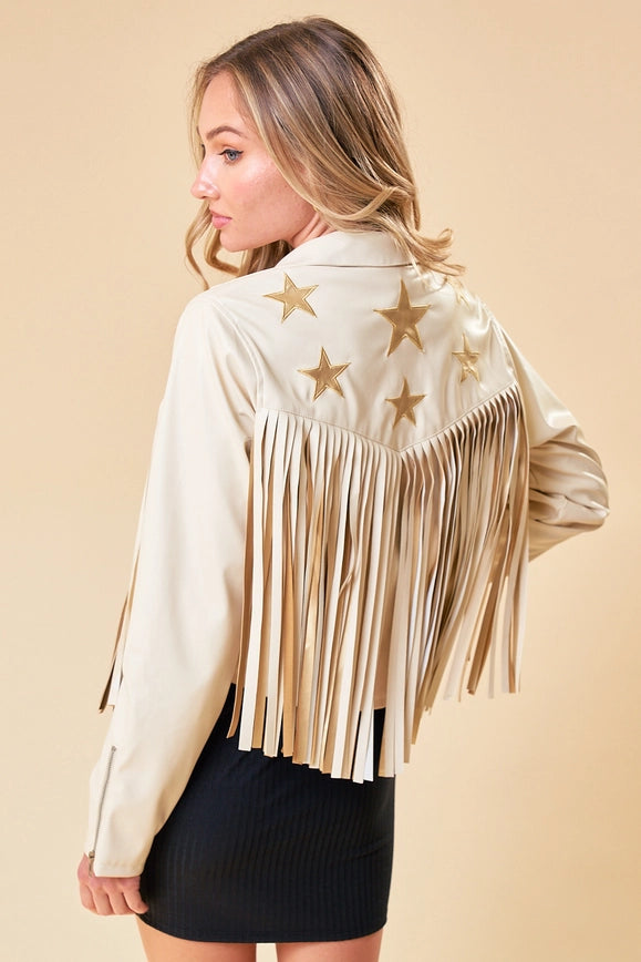 Cream Faux Leather Fringe Jacket with Gold Stars-Jacket-Saints & Hearts-S-Urbanheer