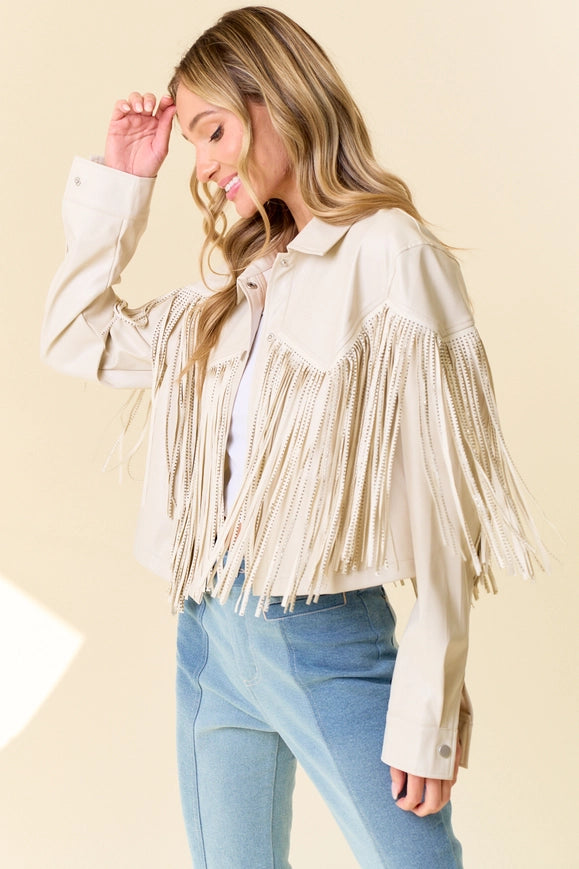 Cream Pu Silver Studded Fringe Button Down Jacket-Jacket-Saints & Hearts-S-Urbanheer