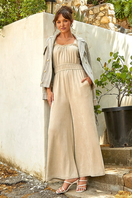 Suede Wide Leg Jumpsuit Antique White