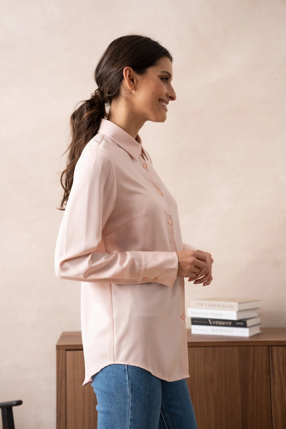 Plain Satin Shirt with Lapel Collar Pink-SHIRT-Attentif Paris-Urbanheer