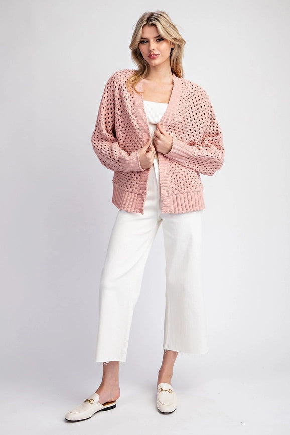 Plus - Long Sleeve Crochet Open Front Cardigan DUSTY ROSE