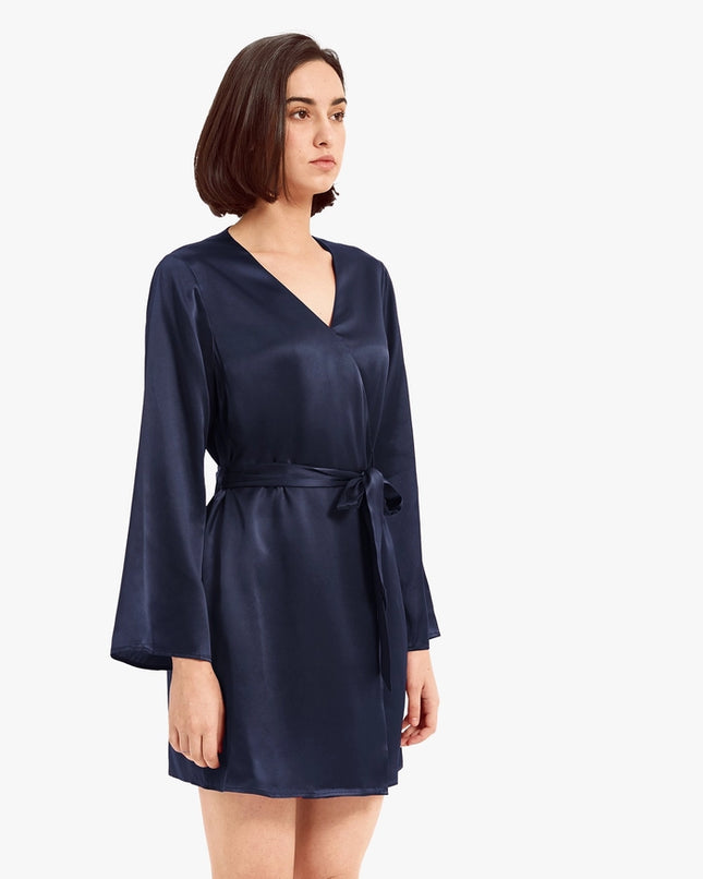 Loose Collarless Silk Navy Blue-Robe-MommeSilk-Urbanheer