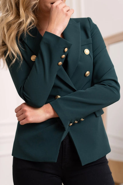 Timeless Fitted Blazer Jacket with Gold Double-Breasted Buttons Bottle Green-Jacket-Attentif Paris-Urbanheer