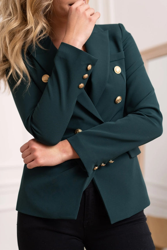 Timeless Fitted Blazer Jacket with Gold Double-Breasted Buttons Bottle Green-Jacket-Attentif Paris-Urbanheer