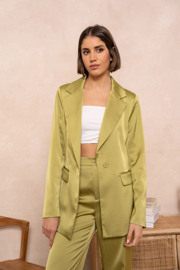 Satin Plain Fitted Jacket Olive-Jacket-Attentif Paris-Urbanheer