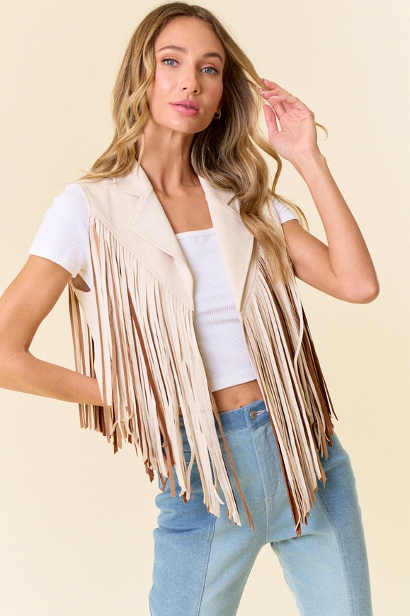 Cream Open Front Contrast Fringe Vest- Western Look-Jacket-Saints & Hearts-Urbanheer