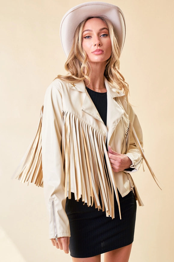 Cream Faux Leather Fringe Jacket with Gold Stars-Jacket-Saints & Hearts-Urbanheer