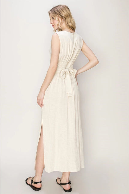 D-LINEN Blended Tie Waist Dress OATMEAL-Dress-HYFVE-Urbanheer