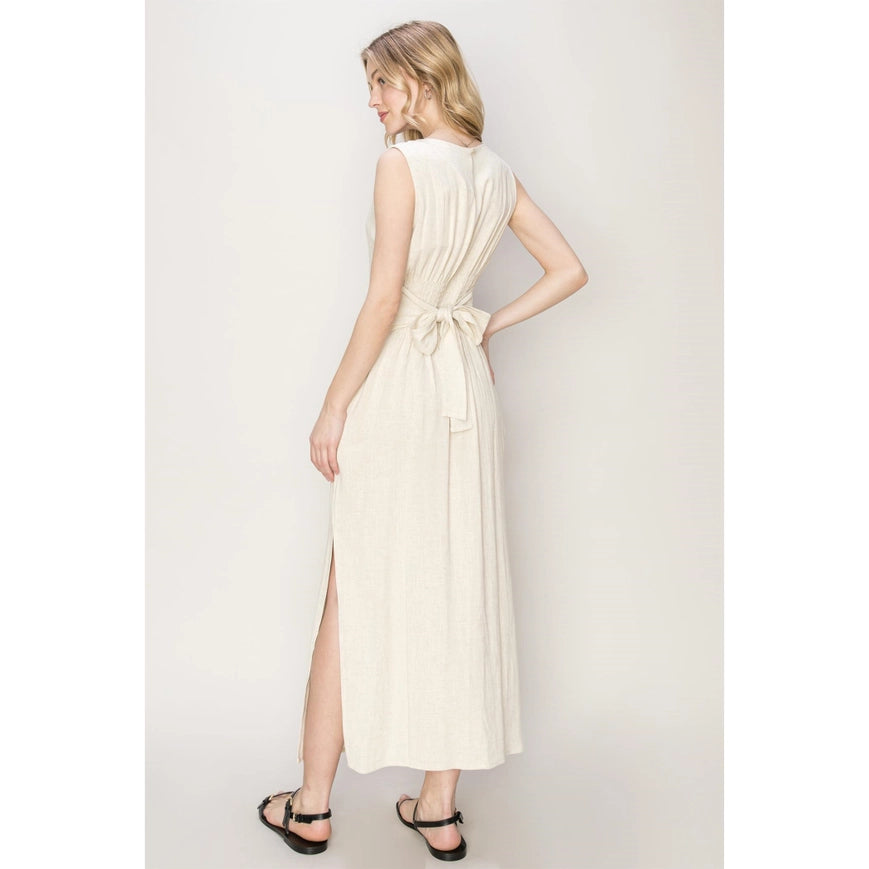 D-LINEN Blended Tie Waist Dress OATMEAL-Dress-HYFVE-Urbanheer