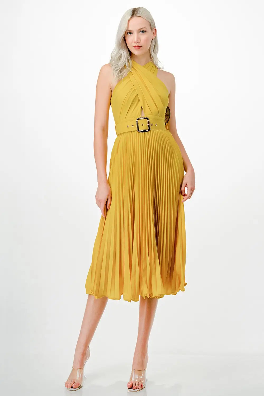 Mustard pleated 2025 midi dress