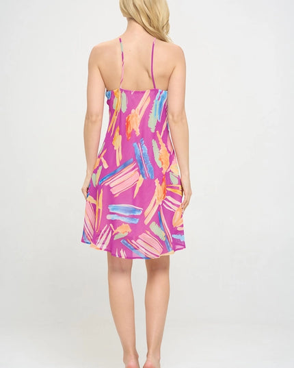 Print Halter Neck Swing Dress Magenta-Dress-Renee C.-Urbanheer