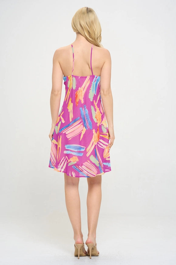 Print Halter Neck Swing Dress Magenta-Dress-Renee C.-Urbanheer