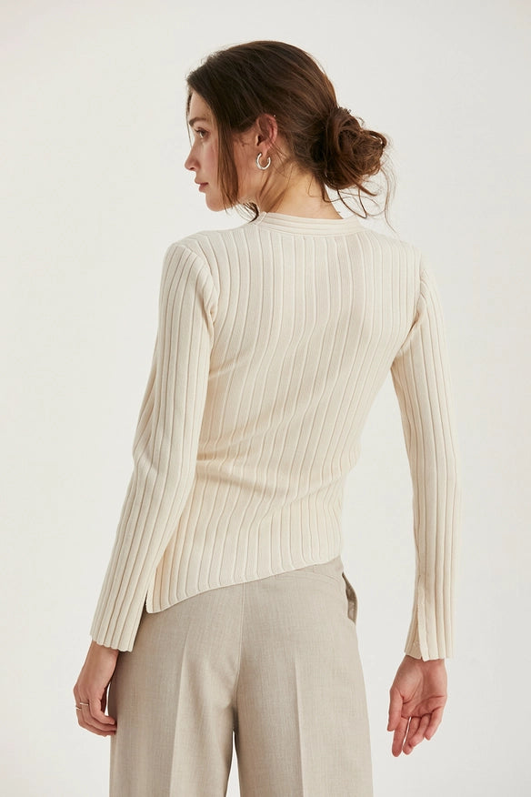 Danielle Rib Knit Asymmetric Hem Top Cream-TOP-Crescent-Urbanheer