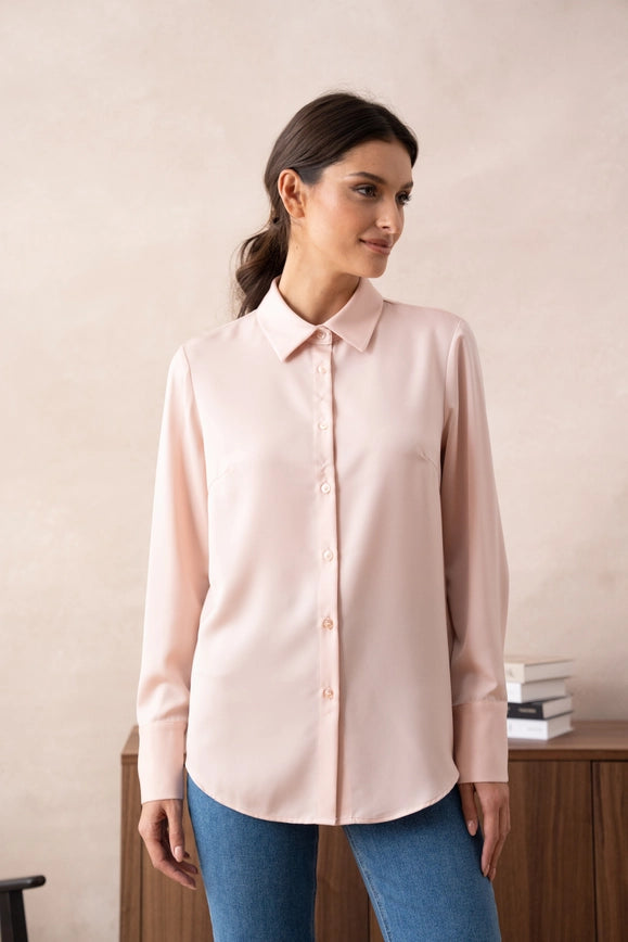 Plain Satin Shirt with Lapel Collar Pink-SHIRT-Attentif Paris-Urbanheer