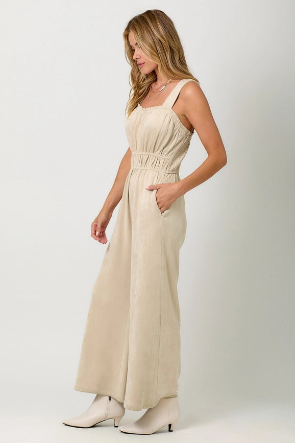 Suede Wide Leg Jumpsuit Antique White