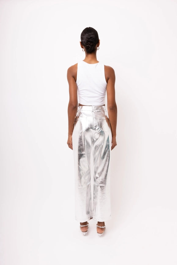 Lupe Straight Faux Leather Metallic Pants SILVER-Pants-Amy Lynn-Urbanheer