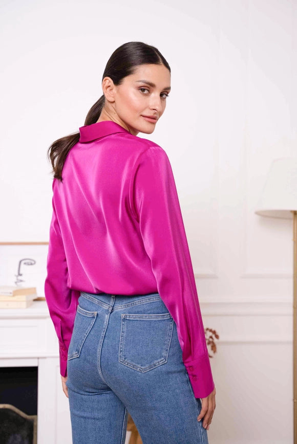 Plain Satin Shirt with Lapel Collar Magenta-SHIRT-Attentif Paris-Urbanheer