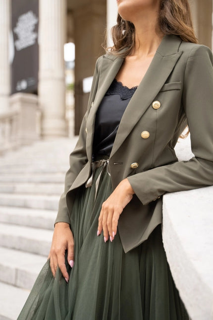 Timeless Fitted Blazer Jacket with Gold Double-Breasted Buttons Khaki-Jacket-Attentif Paris-Urbanheer