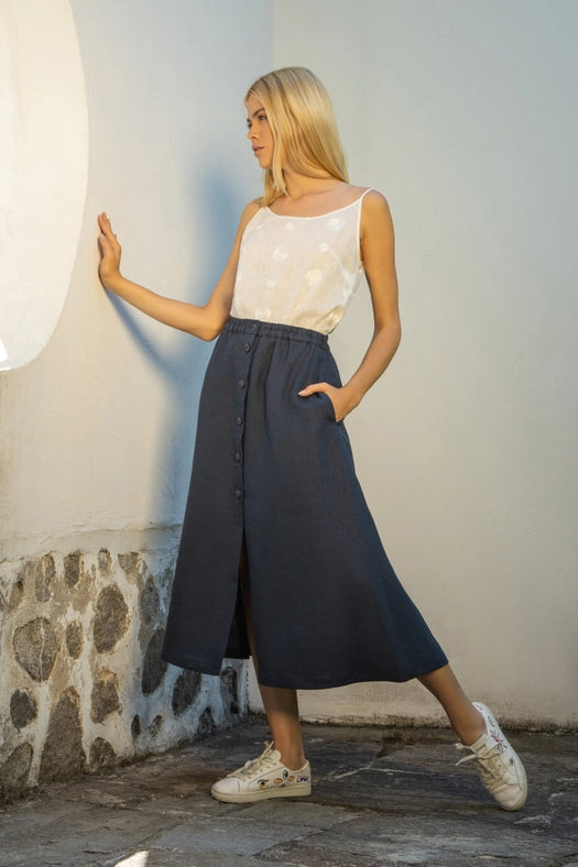 Provance Pleated Linen Midi Skirt with Front Split