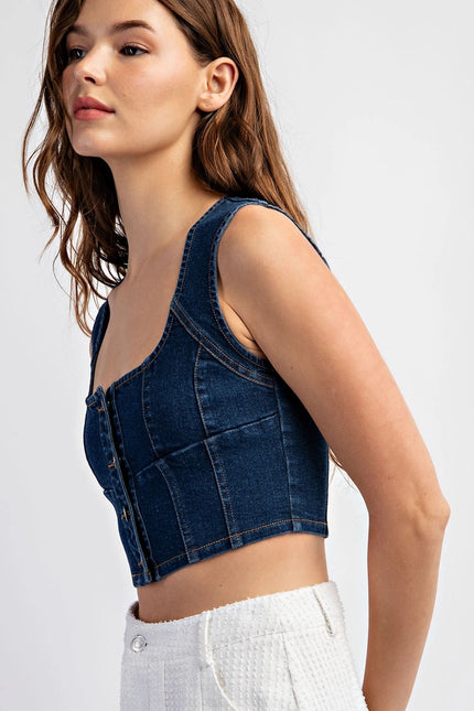 Stretch Denim Sleeveless Button Crop Top-Top-EDIT by NINE-Urbanheer