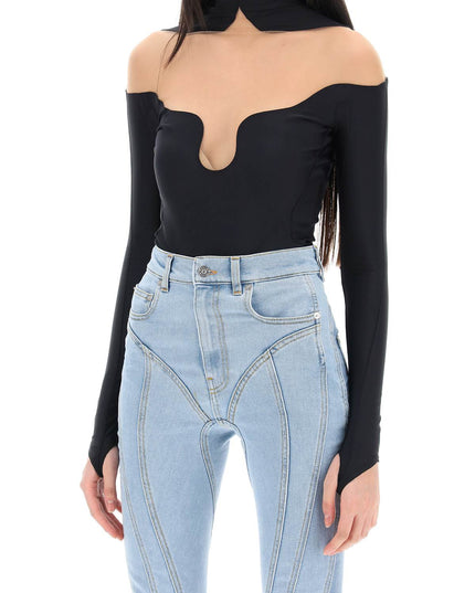 Mugler Long Sleeve Illusion Bodysuit Wavy Neckline-Bodysuit-MUGLER-Urbanheer