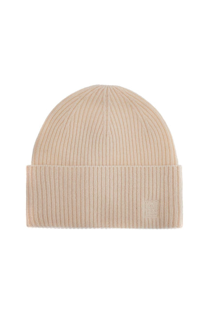 Toteme beige ribbed wool beanie with embroidered logo