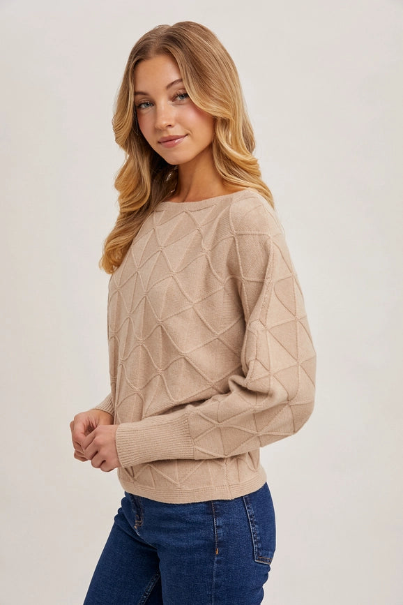 Long Sleeve Boat Neck Diamond Knit Sweater BEIGE