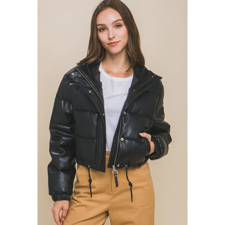 Faux Leather Puffer Jacket Black-Jacket-Faith Apparel-S-Urbanheer