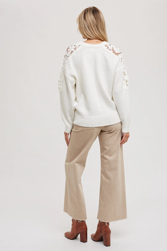 Crochet Contrast Knit Sweater Pullover IVORY