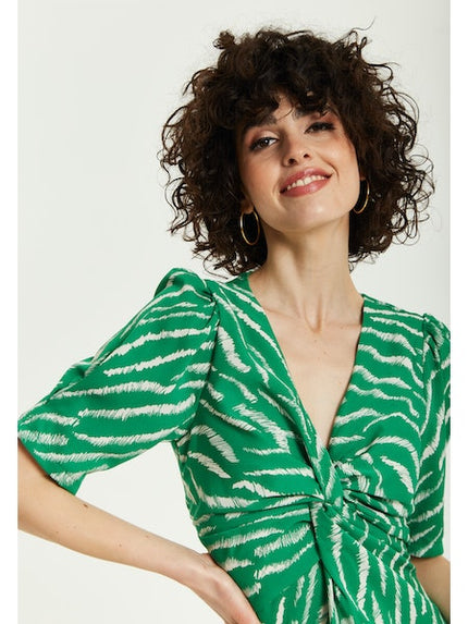 Liquorish Green Zebra Prin Knot Front Midi Dress With Short Sleeves-Liquorish-Urbanheer